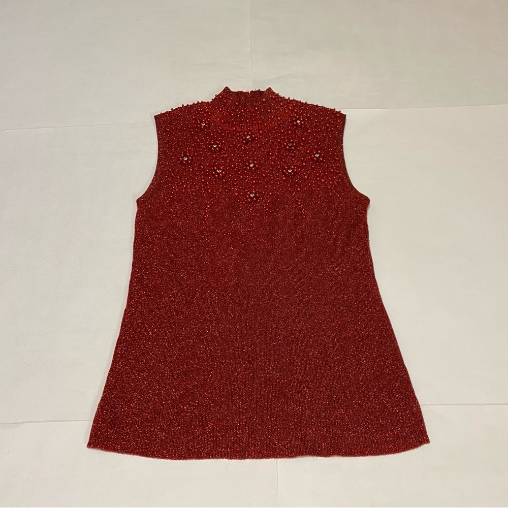 Chic Red Sleeveless Top with Beaded Detail
